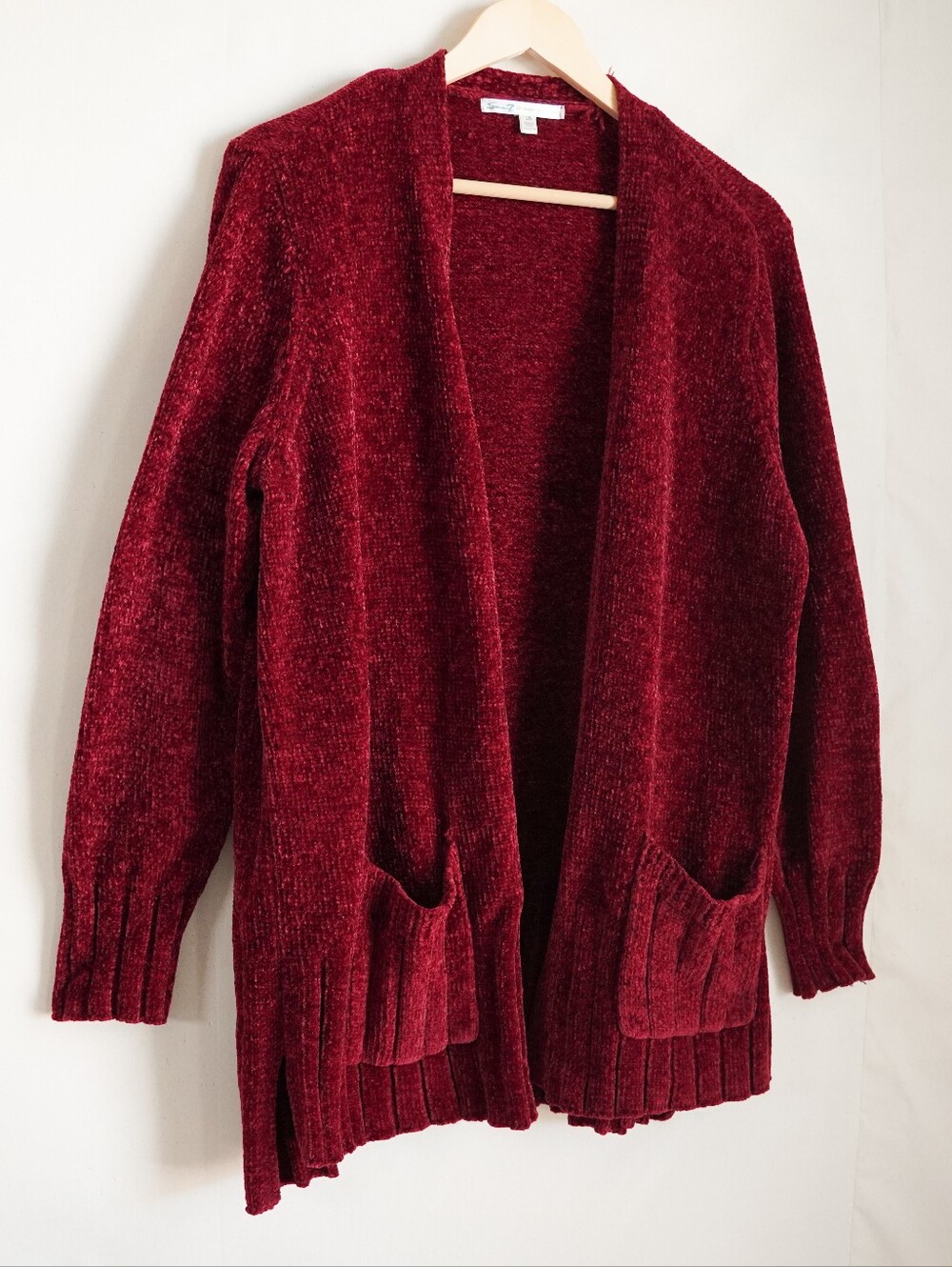 Seven7 Burgundy Chenille Cardigan Sweater Large Open Front Longline Pockets